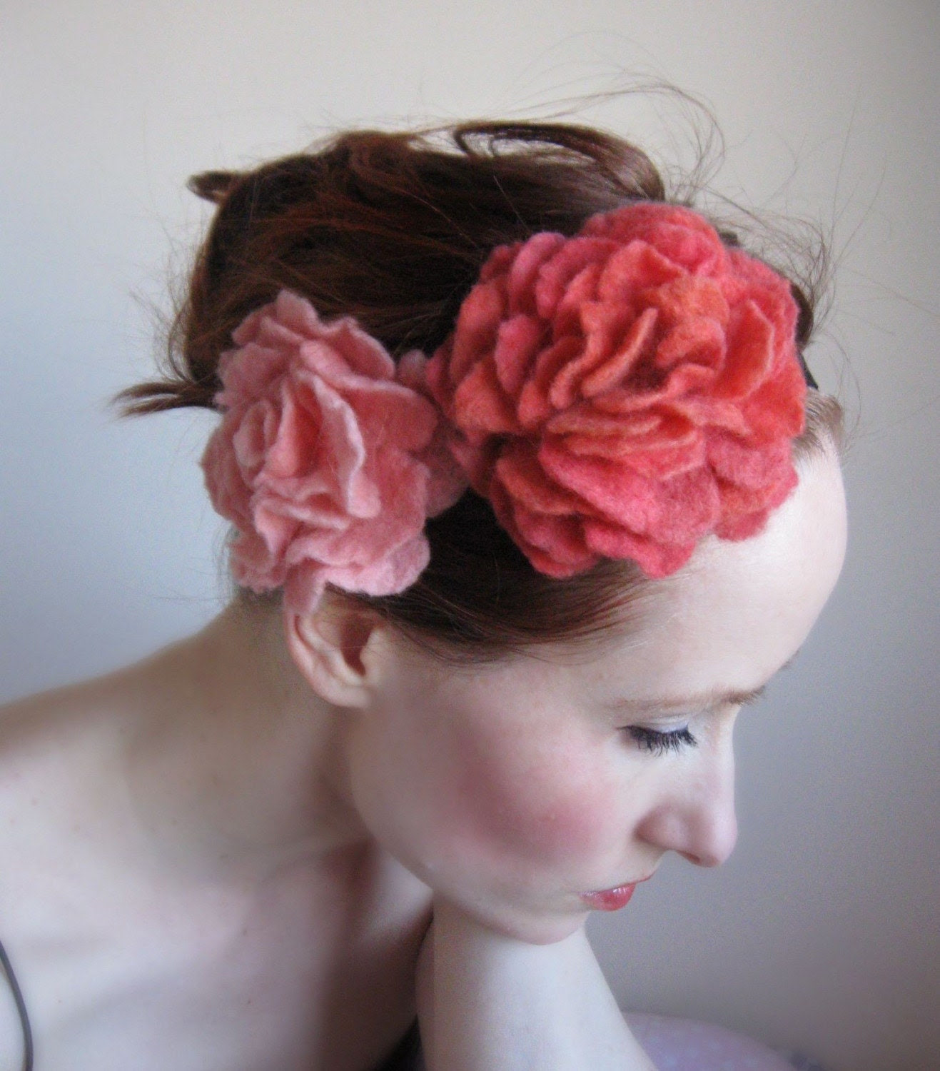 Afternoon delight-Peach and Pink Floral Headband-Hand Felted From Wool