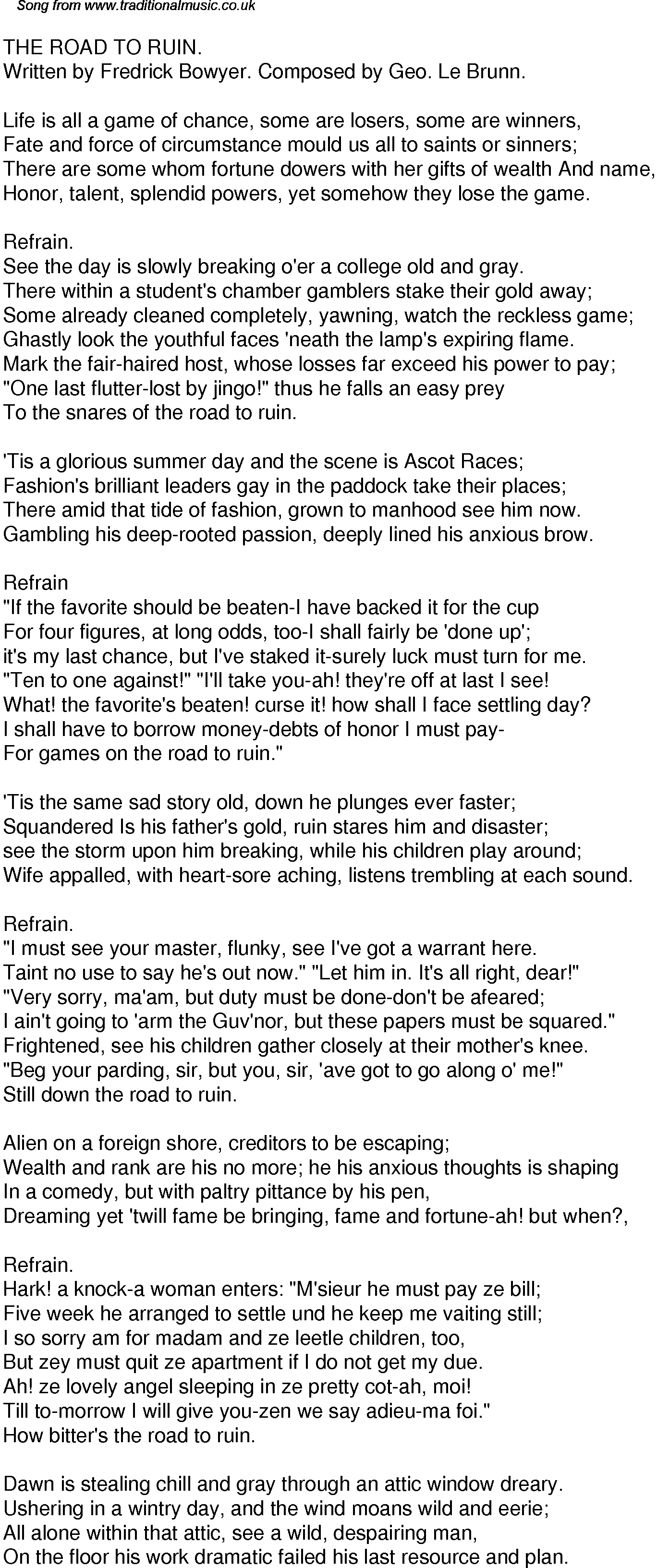 Old Time Song Lyrics For 33 The Road To Ruin traditional music library