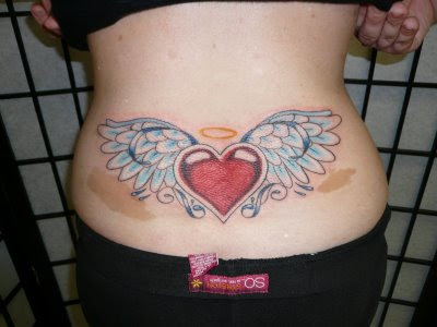 A large tribal angel wings tattoo sample for men and women.