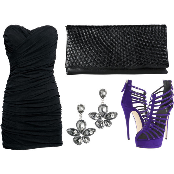 black dress with purple heels