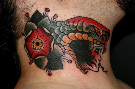 #gypsy #neck tattoo #snake #traditional tattoo #woman's head #tattoo