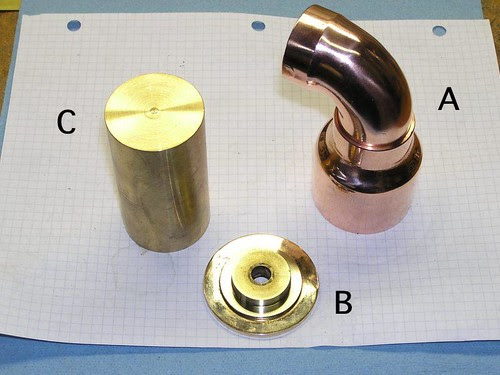 plumbing fittings become jewelry, random scraps of brass become a custom miniature pipe flange