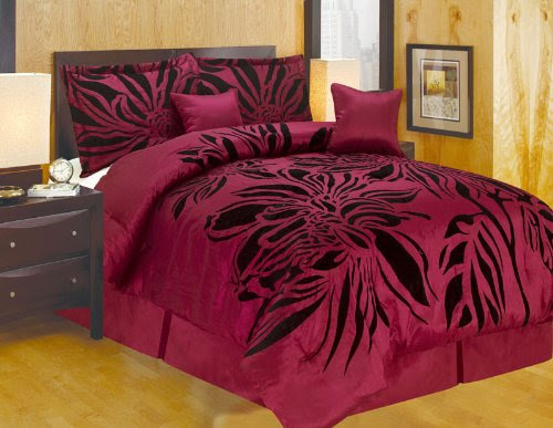 Oversize King Faux Silk Modern Burgundy Black Flocking Satin Comforter Set Bedding-in-a-bag.