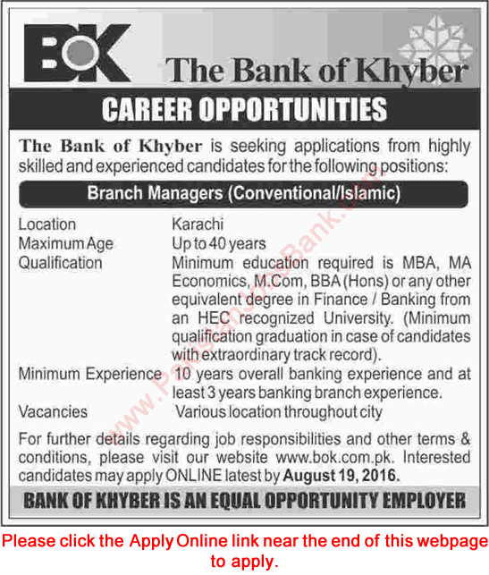 Branch Manager Jobs in Bank of Khyber August 2016 Karachi ...