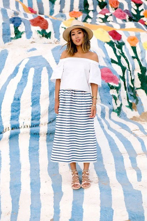 10 Le Fashion 31 Stylish Ways To Wear An Off The Shoulder Look White Tibi Top Striped Skirt Aimee Song Of Style