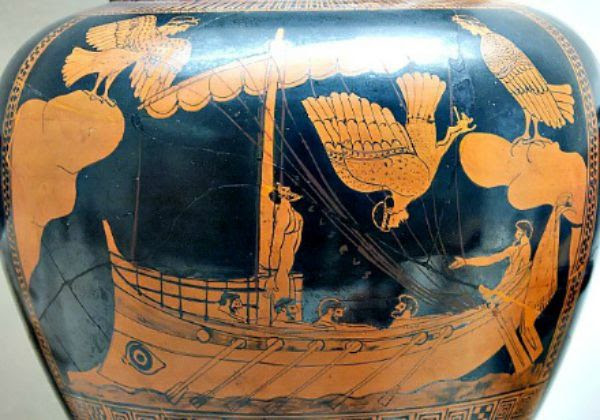 Ánfora griega decorada con la escena de Ulises escuchando cantar a las sirenas