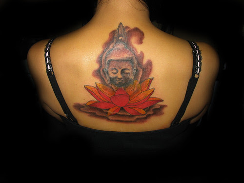 Buddha Tattoo Design on Upper Back Women