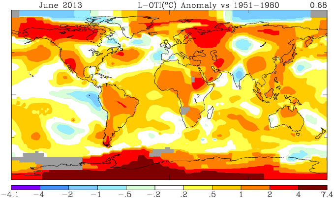 Temperature difference from average during June around the globe (NASA)