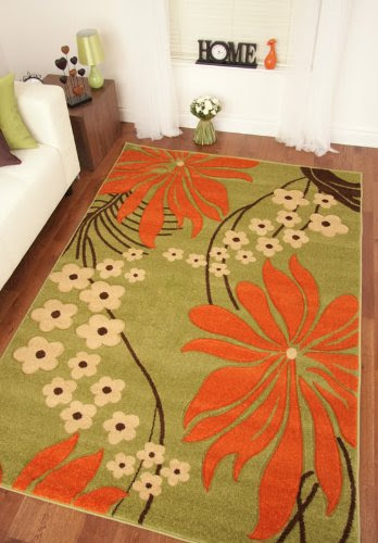 Best Review Napoli Lime Green Orange Brown Modern Floral Print Thick Rug 160x230cm (5'3" x 7'7")
