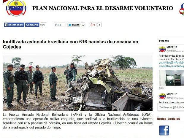 Escritório Nacional Antidrogas (ONA) informou à Embaixada do Brasil sobre a morte de brasileiros em avião abatido na Venezuela   (Foto: Reprodução )