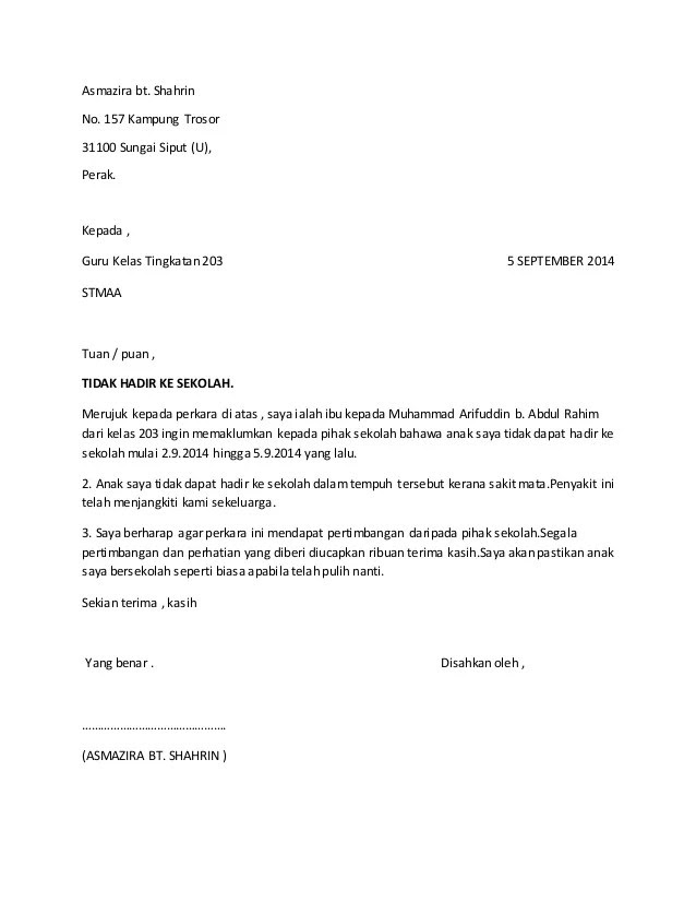 Contoh Surat Rasmi Tidak Hadir Ke Sekolah Kerana Balik 