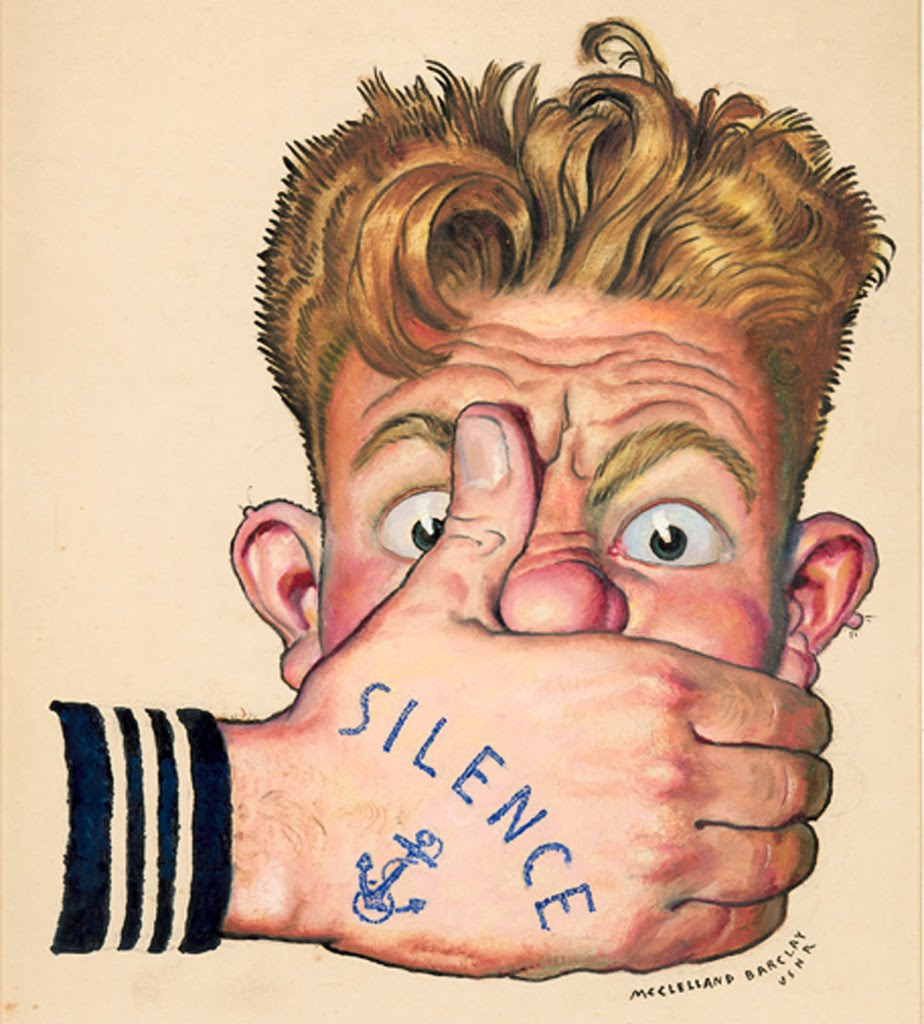 tattoos_silence-U.S Even official U.S. Navy posters incorporated the ubiquitous nautical tattoos, like this image from the "Loose Lips Sink Ships" campaign of the '40s.