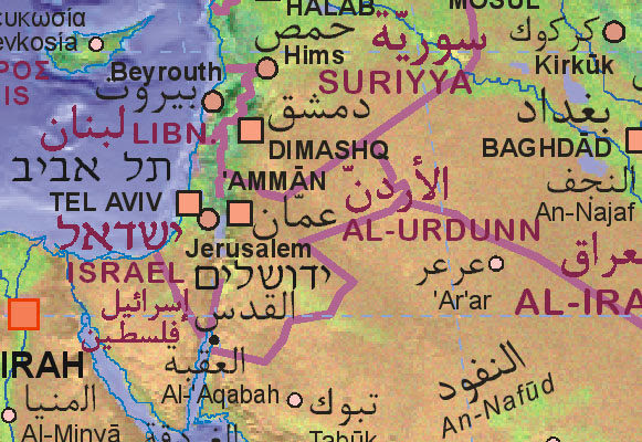 Map of Jordan with surrounding areas. - Landkarte von Jordanien.