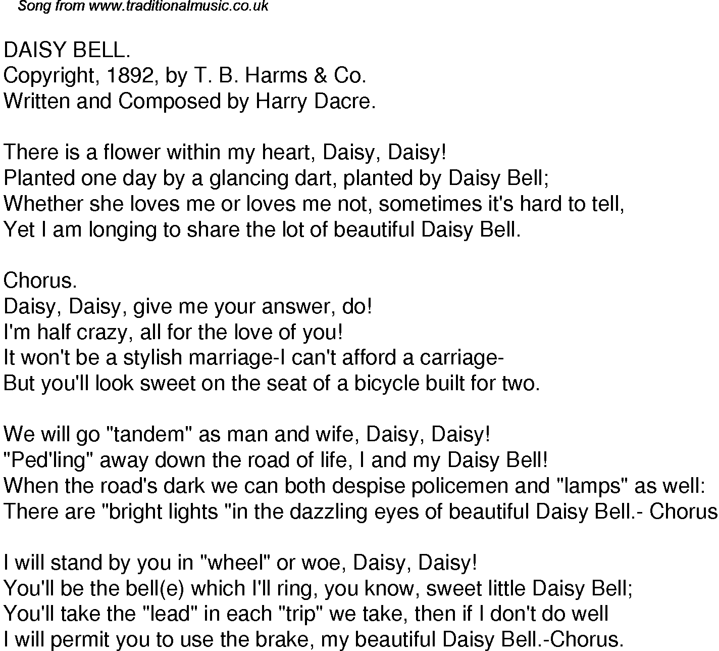 Old Time Song Lyrics For 40 Daisy Bell