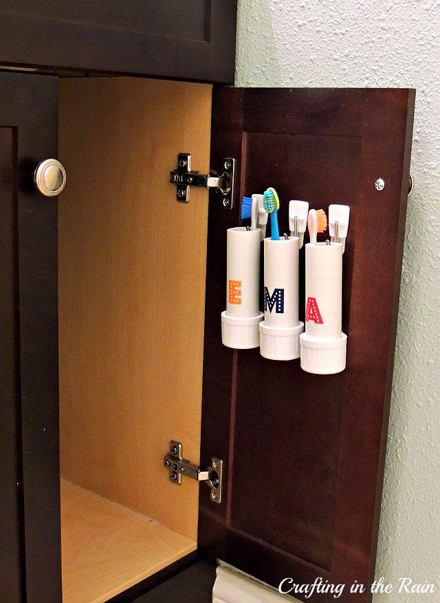 PVC Pipe Toothbrush Holders. Brilliant! Gets them off the counter and put of the germ zone.