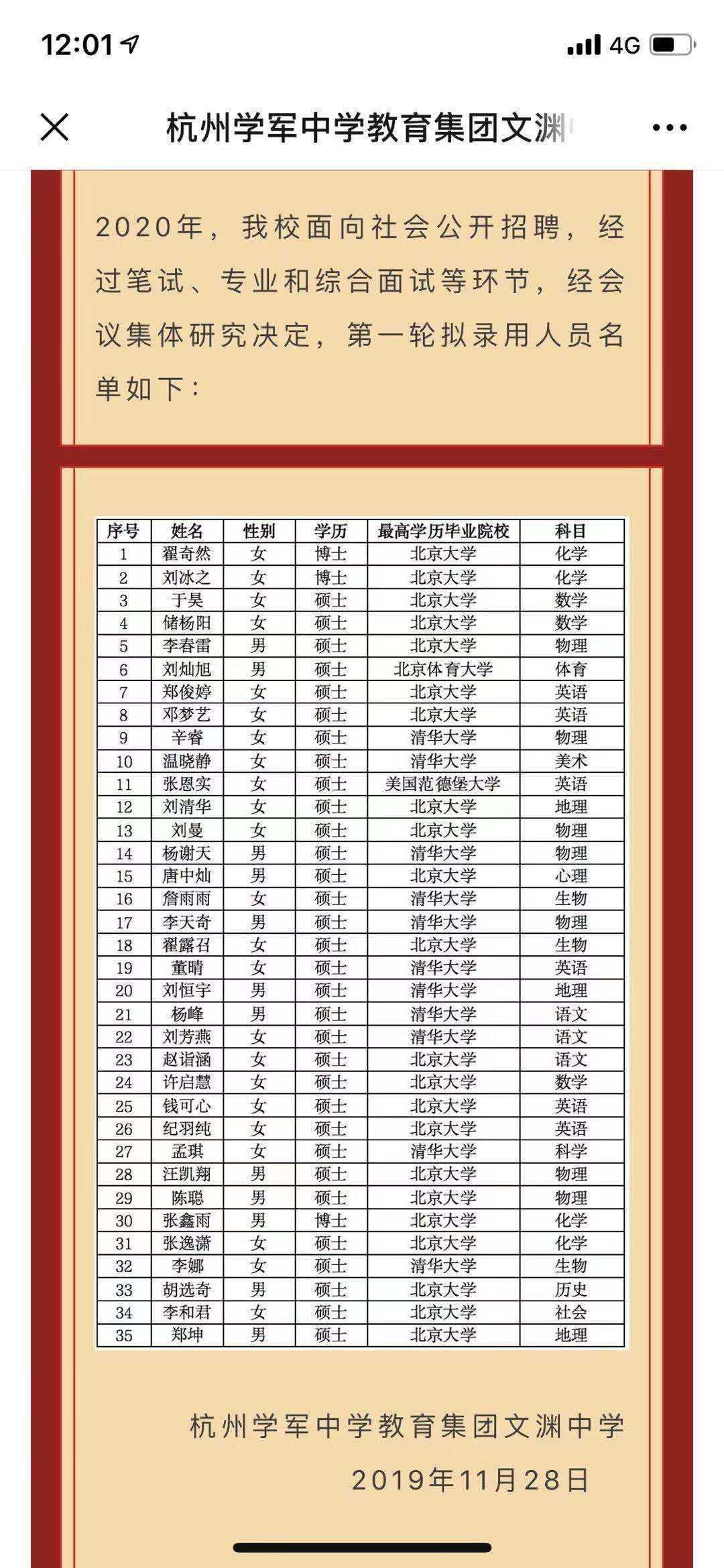 33人来自清北年薪30 万杭州文渊中学教师录用名单引热议 手机浙江网