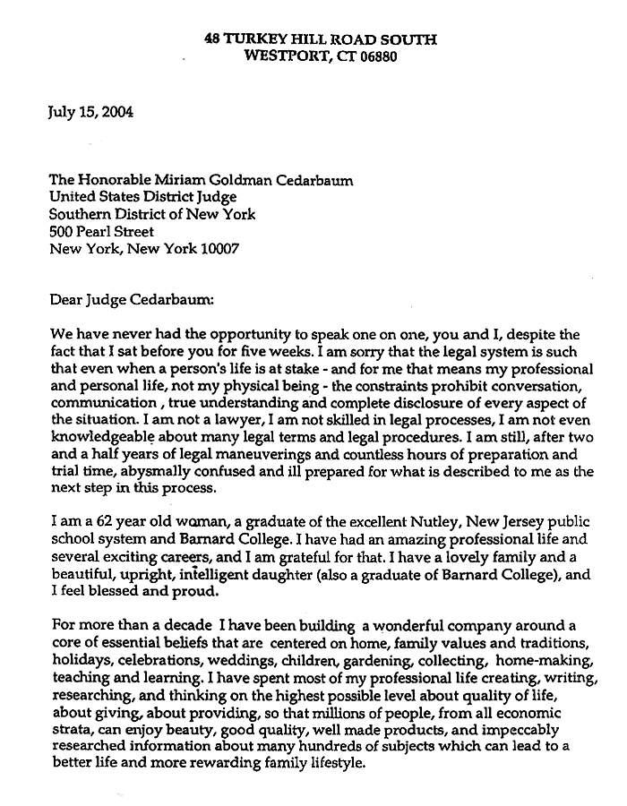Stewart's Letter To Judge | The Smoking Gun