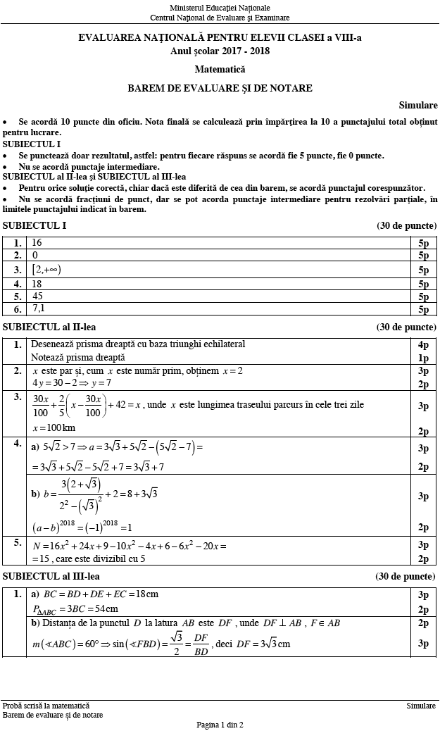Subiecte Simulare Evaluarea Nationala 2018 Subiectele De La Simularea La Matematica Si Baremul De Corectare A Problemelor Clasa A Viii A Hotnews Mobile