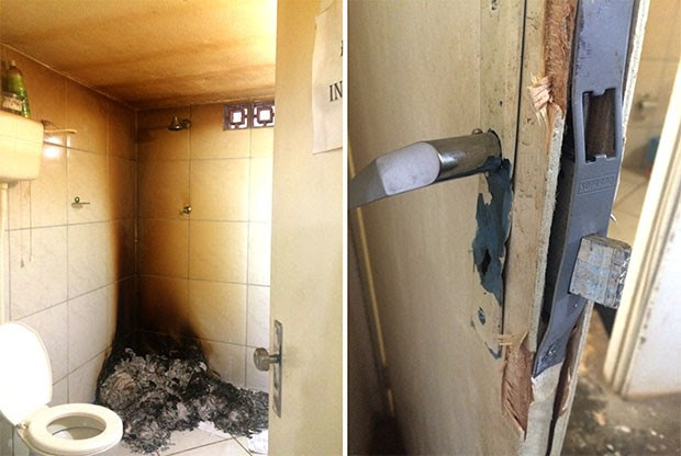 Criminosos arrombaram a porta da delegacia e queimaram os BOs dentro do banheiro (Foto: Divulgação/Polícia Civil)