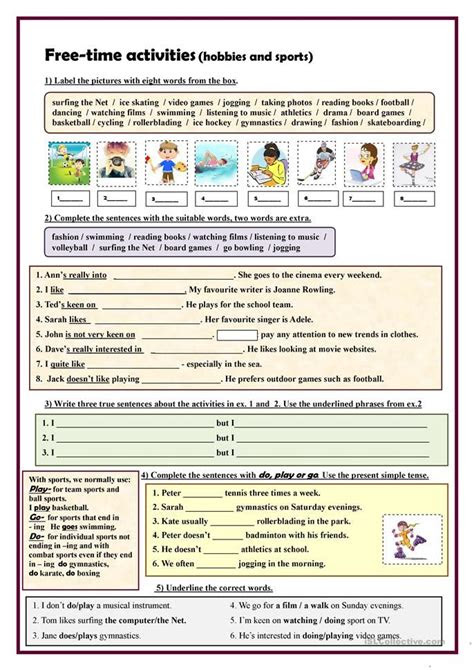 Free esl printable grammar worksheets, vocabulary worksheets, flascard worksheets, fairytales worksheets, efl exercises, eal handouts, esol quizzes, elt activities, tefl questions, tesol materials, english teaching and learning resources, fun crossword and word search puzzles, tests, picture dictionaries, classroom posters, matching exercises and flashcards english worksheets … Free-time activities (hobbies and sports) exercises | Free time activities, Time activities, Words