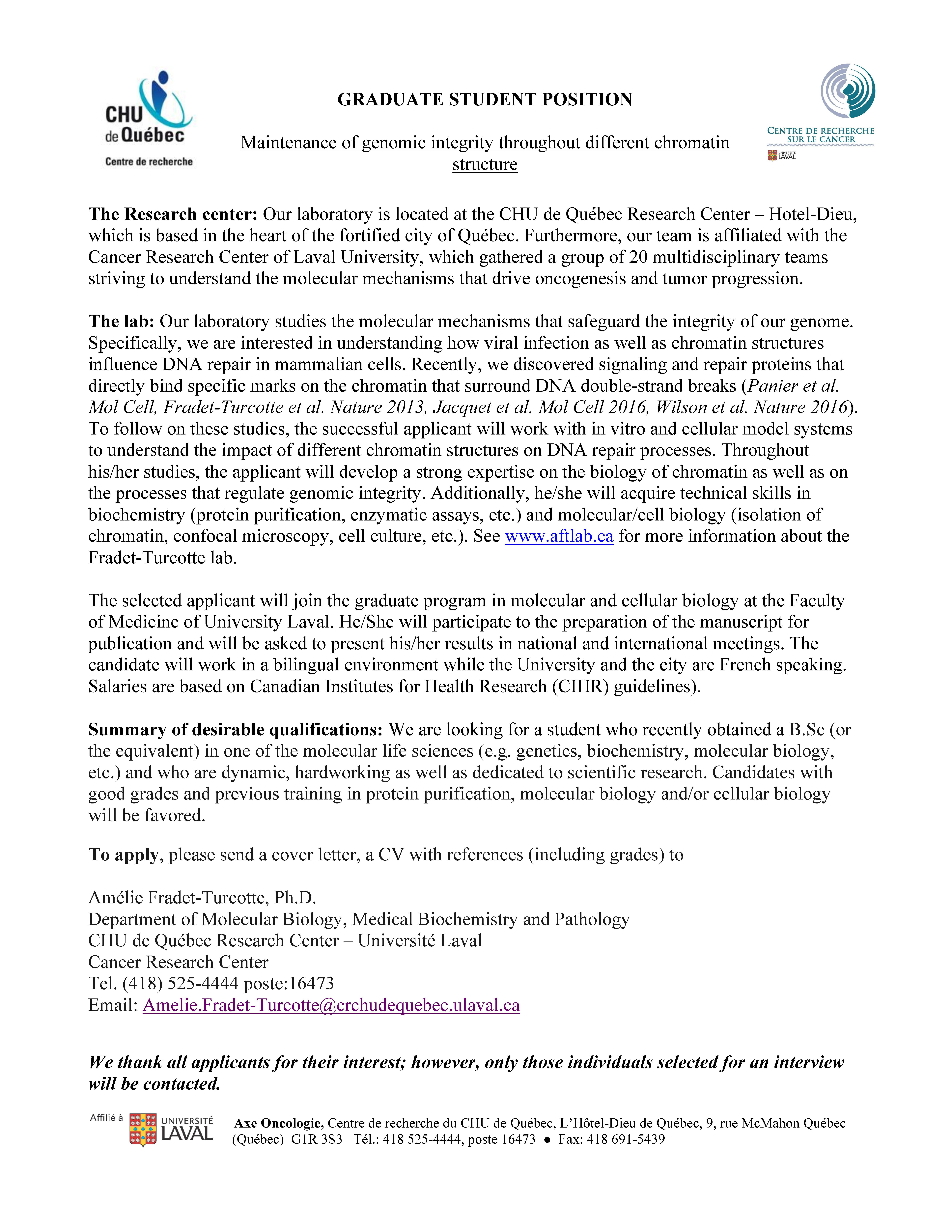 Graduate Student Position Available At The Department Of Molecular Biology Chu De Quebec Research Center Canada