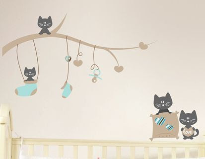 Stickers Petits Chats Bleu Et Gris Pour Chambre Bebe Garcon Autocollants Bebe