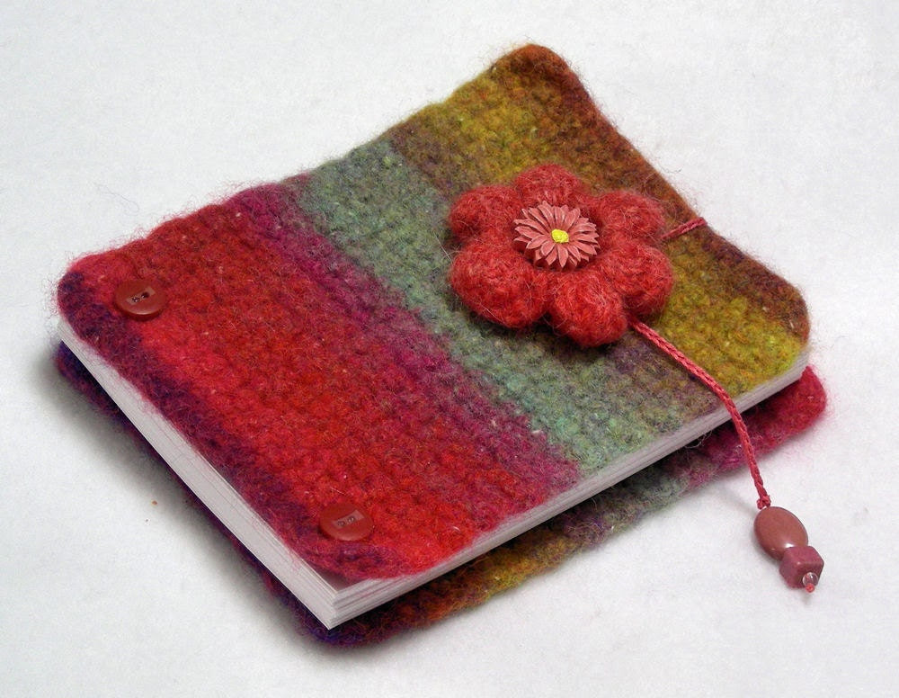 Inspiration book, post bound blank journal, felted wool covers, write - sketch - doodle - photos, pink, mint green, gold, lavender