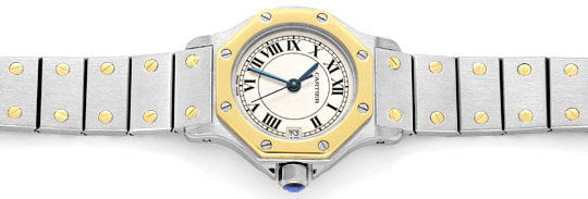 Originalfoto CARTIER SANTOS RONDE -ECKIG DAMENUHR STAHL-GOLD