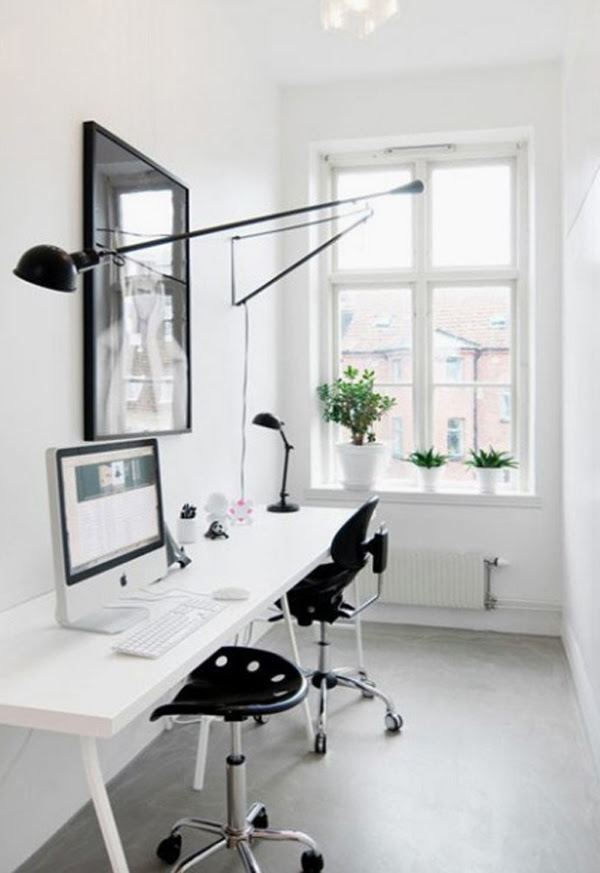 28 White Small Home Office Ideas | HomeMydesign Black and white home office.