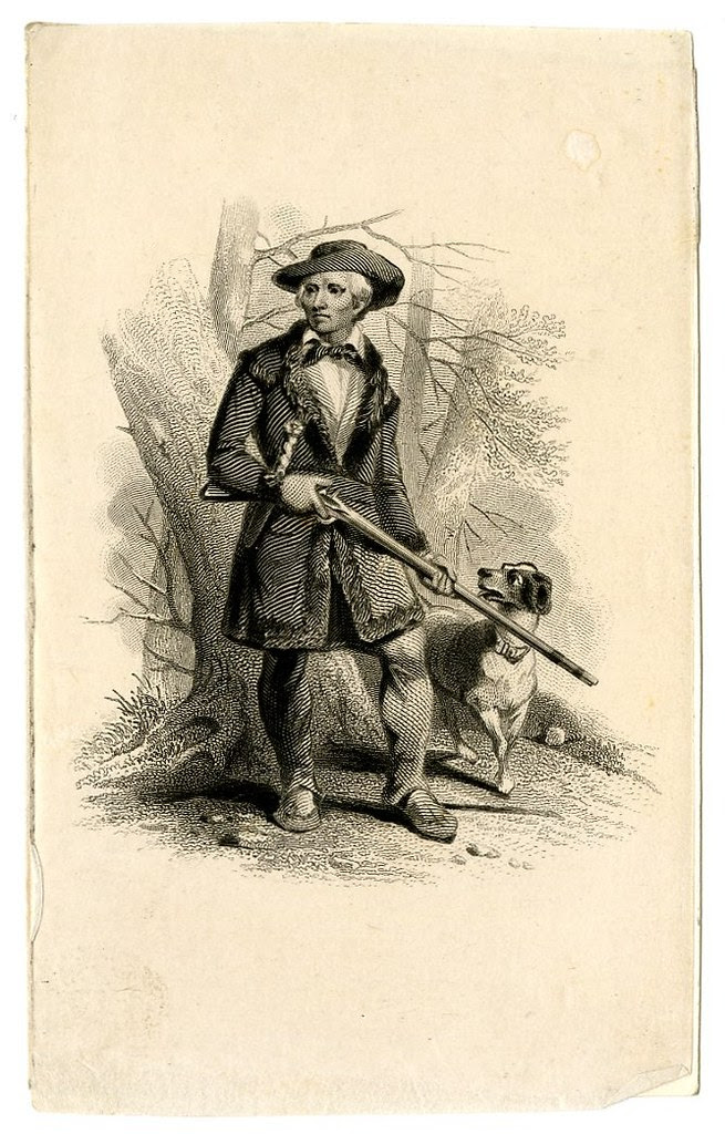 Hunter accompanied by dog. Design printed in black. (19th c)