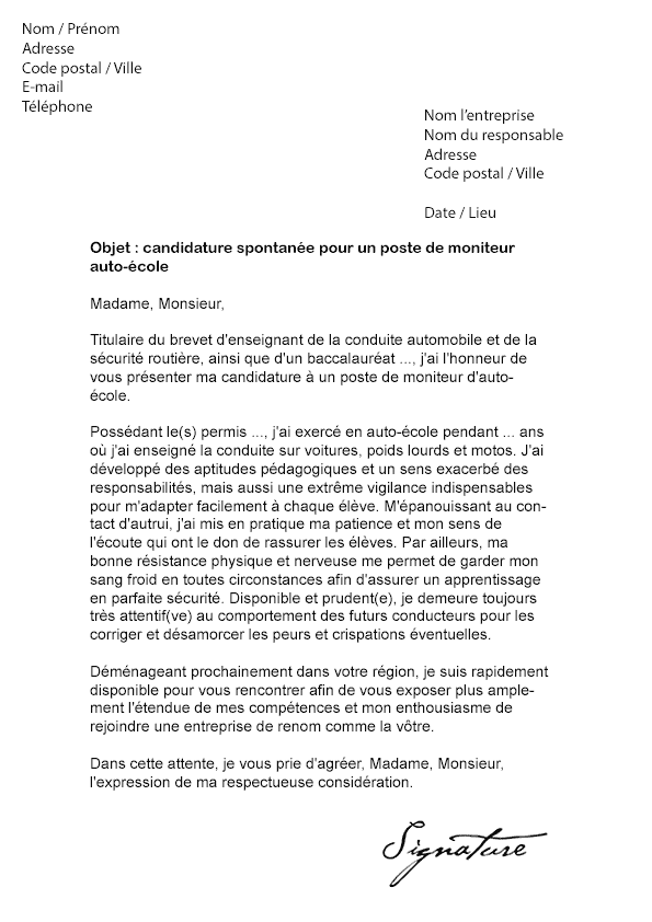 Lettre de motivation Moniteur Auto-école - Modèle de Lettre