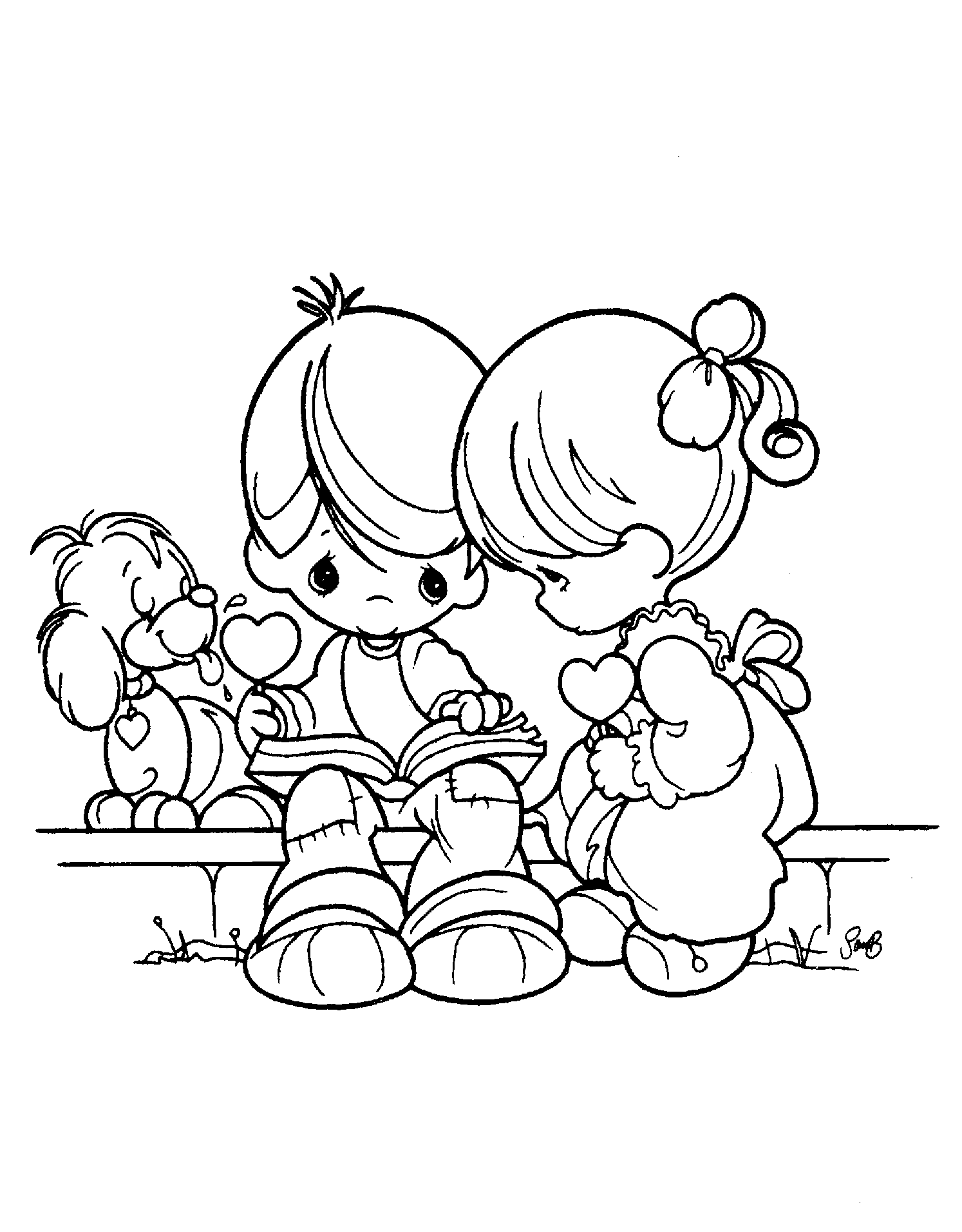 Girl, boy, and puppy with heart-shaped lollipops in these Precious Moments coloring sheets.