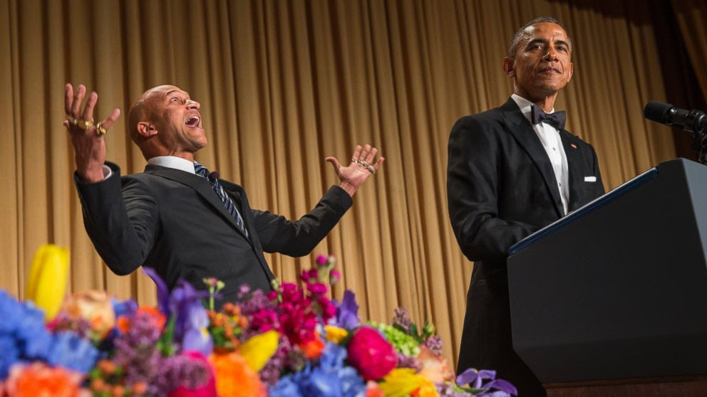 PHOTO: President Barack Obama, right, brings out actor Keegan-Michael Key from Key & Peele during his remarks at the White House Correspondents Association dinner at the Washington Hilton on Saturday, April 25, 2015, in Washington. 