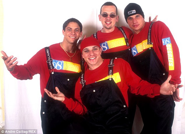What's the big deal: The original Grammy Nominated International pop boy band members from 98 Degrees including, (Left to right) Jeff Timmons, Justin Jeffre, Nick Lachey, and (pictured bottom center) Drew Lachey