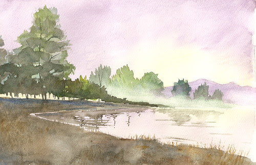 Watercolor Landscape - Foggy Lake 2. Watercolor on Arches 140-lb CP paper, 