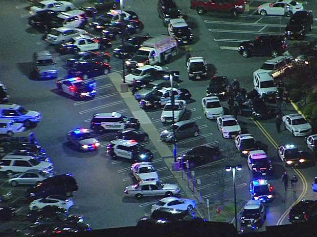 Carros da polícia lotaram estacionamento do centro comercial. (Foto: News 12 NJ / Via AP Photo)