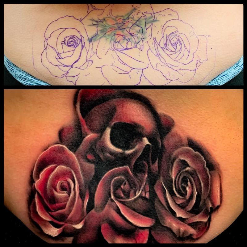 Skull And Roses Coverup Tattoo By Lefty Colbert Tattoos