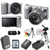 Sony Alpha NEX-5R Mirrorless Digital Camera Kit with 18-55mm f/3.5-5.6 E-mount Zoom Lens. Includes: 16GB Memory Card, Memory Card Reader, Extended Life Replacement Battery, Rapid Travel Charger, Case, 50' Tripod Table Top Tripod, LCD Screen Protectors, Cleaning Kit & Sunset Electronics Microfiber Cleaning Cloth