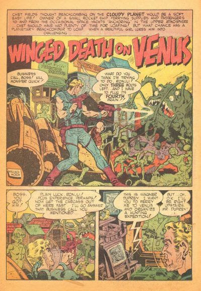 Buck Rogers type spaceman battles BEM monster with ray guns and blasters