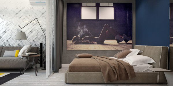 The bedroom faces the sitting room, separated by a glass wall with a sliding privacy curtain. The color scheme in this room is more sensual: royal blue, violet, and coffee.