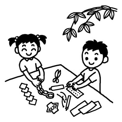 短冊作り 七夕 夏の季節 7月の行事 無料 白黒イラスト素材