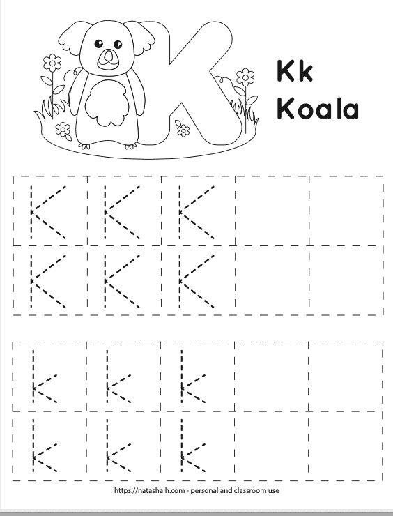 free printable letter k tracing worksheet with a cute koala the artisan life