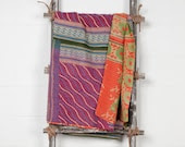 Single or King size Vintage Kantha Quilt - Damson Plum over Persimmon - AnotherWorldTrading