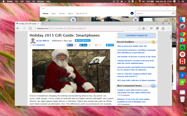 Microsoft Edge and Windows Store running under Parallels 11 directly on OS X desktop