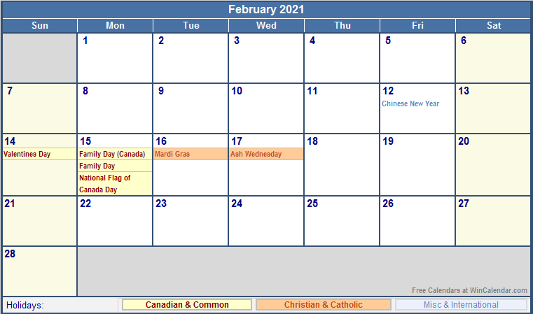 February 2021 Canada Calendar with Holidays for printing ... Holidays and observances canada 2021.
