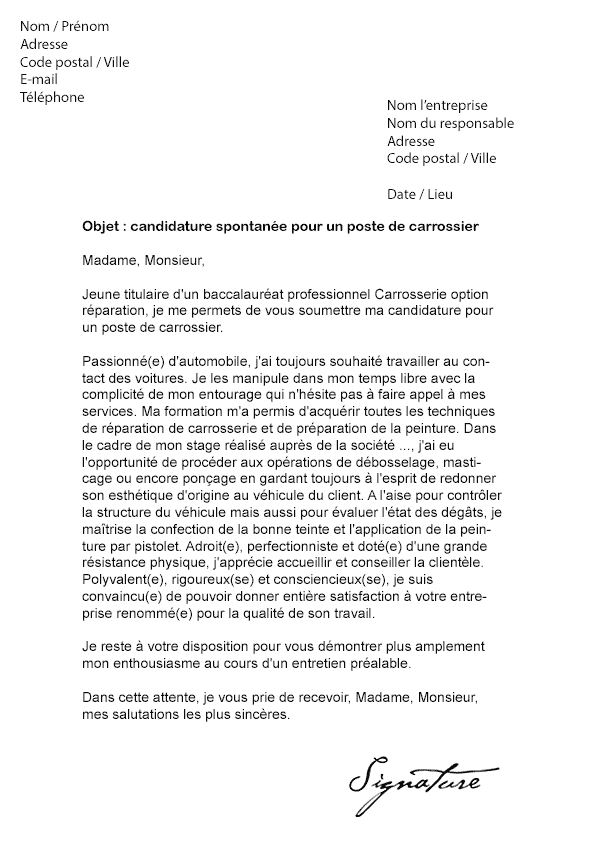 Lettre de motivation Carrossier - Modèle de Lettre