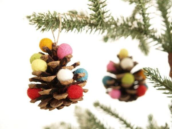 ONE Woodland Ornament, Rustic Christmas Tree, Needle Felted Decoration, Colorful, Whimsical, Pine Cone, Waldorf - 1