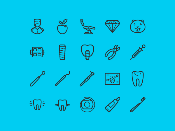 無料素材 歯科医がテーマのベクターイラストアイコンセット 歯医者さんや歯ブラシにドリルなど