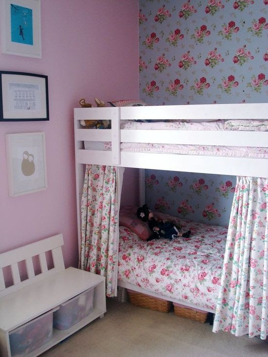 Ikea bunk bed, painted white, curtains added for