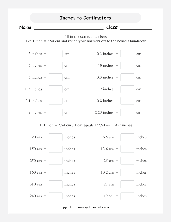 Convert inches in centimeters math worksheet. Convert the 